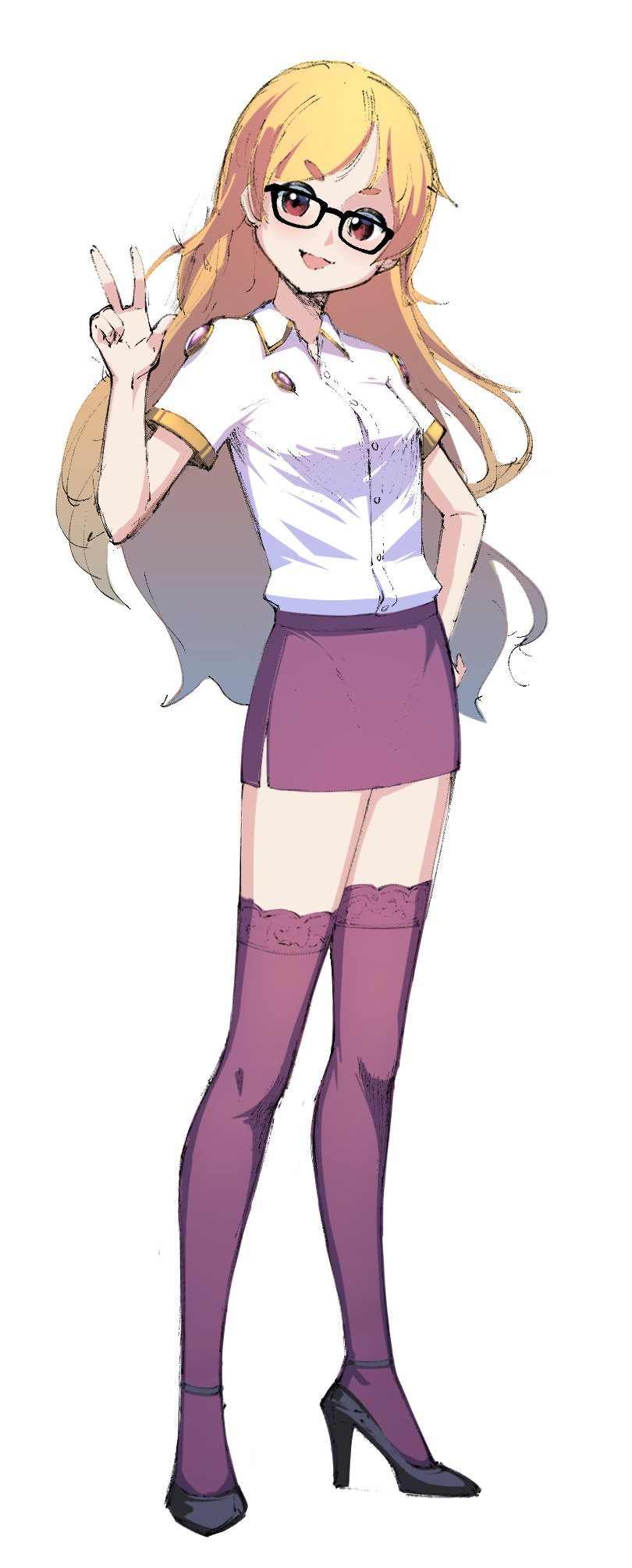 1girl, alternate_costume, blonde_hair, full_body, glasses, grand_summoners, high_heels, highres