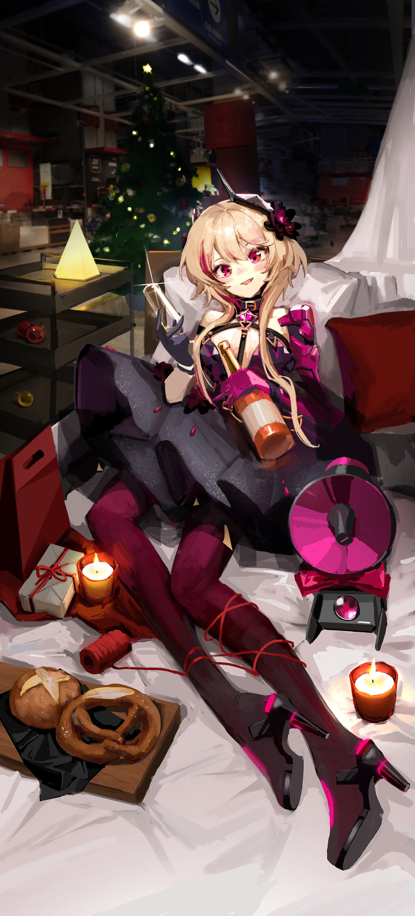1girl, absurdres, banana_(girls'_frontline), black_dress, blonde_hair, blush, bottle, box
