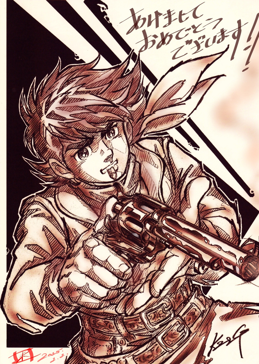 1boy, bandana, belt, brown_theme, dated, gun, highres, holding, holding_gun, holding_weapon, isamu_(kouya_no_shounen_isamu), k2&amp;g_(yamato4289), kouya_no_shounen_isamu, male_focus, mouth_hold, short_hair, solo, upper_body, weapon