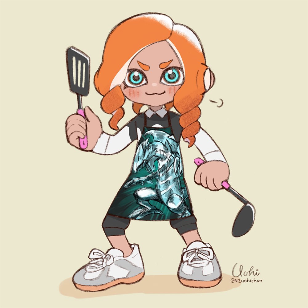 1girl, :3, apron, artist_name, blue-eyes_white_dragon, blue_eyes, commentary_request, drill_hair, full_body, holding, holding_ladle, holding_spatula, ladle, long_hair, n2uohichan, octoling, octoling_girl, orange_hair, print_apron, shoes, simple_background, solo, spatula, splatoon_(series), standing, tentacle_hair, thick_eyebrows, twin_drills, twitter_username, v-shaped_eyebrows, white_background, white_footwear, yu-gi-oh!