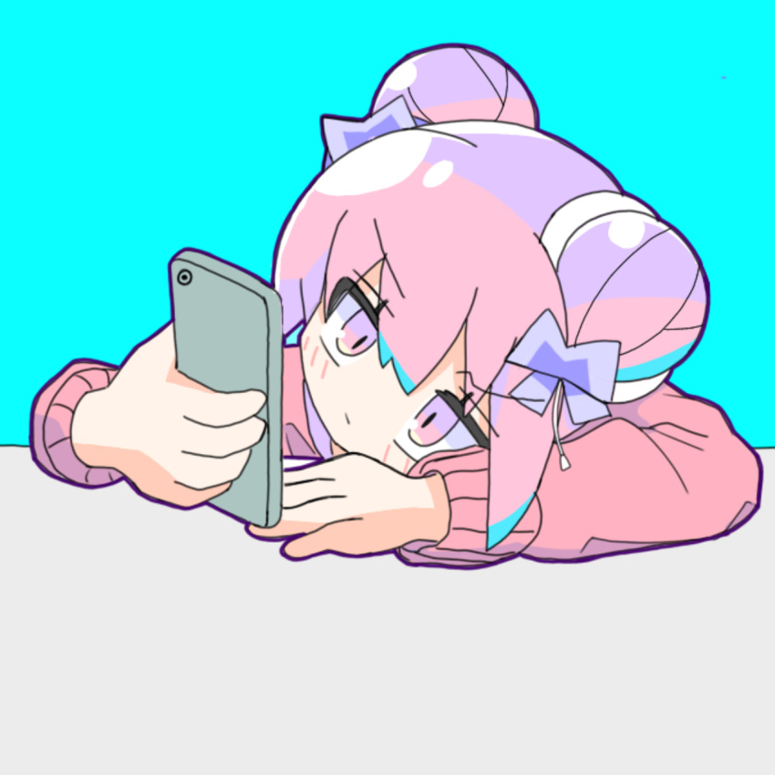 1girl, aqua_background, arms_on_table, bow, cellphone, dadadada_tenshi, double_bun, hair_bow