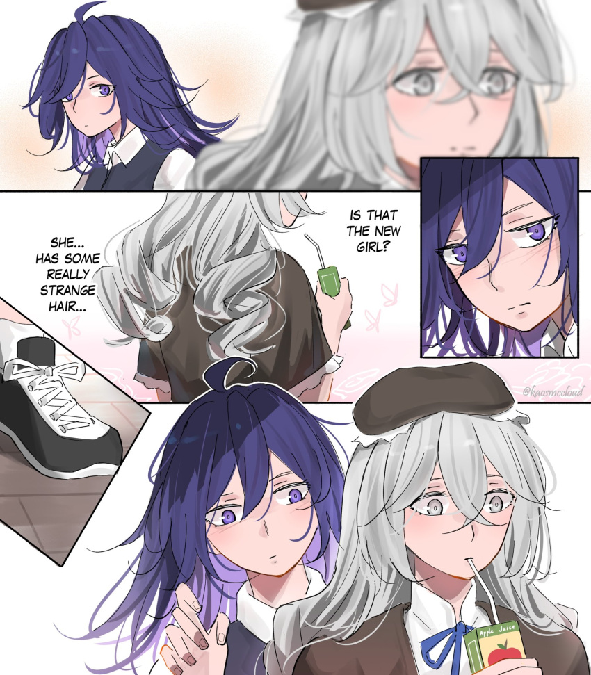 2girls, ahoge, bronya_rand, closed_mouth, drinking, grey_eyes, grey_hair, highres, honkai:_star_rail, honkai_(series), juice_box, kaosmccloud, long_hair, multiple_girls, purple_hair, seele_(honkai:_star_rail), twitter_username, violet_eyes