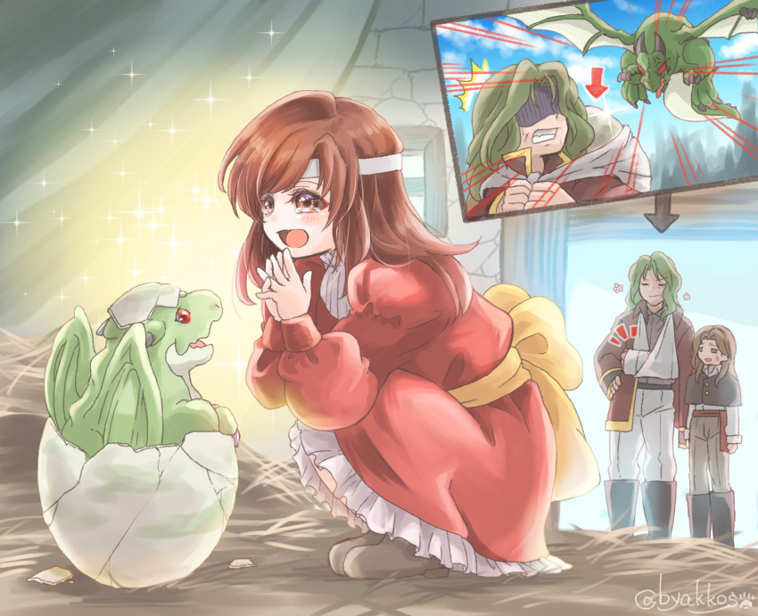 1girl, 2boys, altena_(fire_emblem), arion_(fire_emblem), artist_name, baby, bandaged_arm, bandages