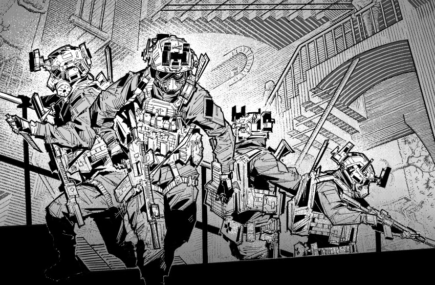 4others, absurdres, assault_rifle, backpack, bag, chinese_commentary, gas_mask, gloves