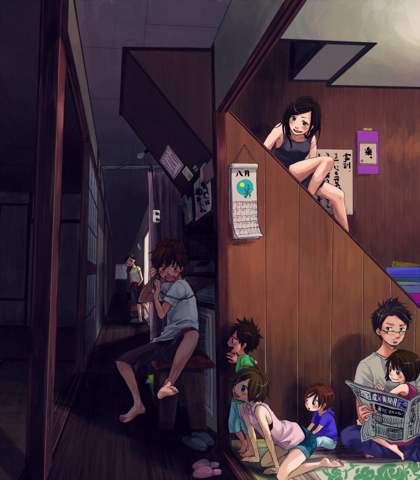 barefoot, feet, highres, indoors, multiple_girls, newspaper, original, phone