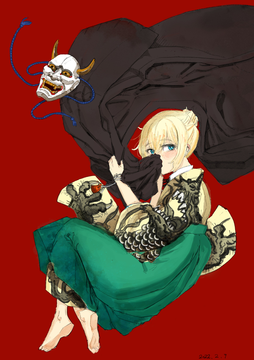 barefoot, blonde_hair, blue_eyes, hakama, han'ya_mask, highres, japanese_clothes, kibougou