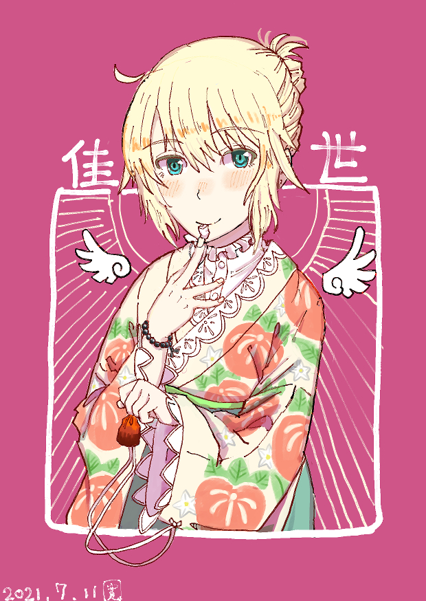 1girl, ahoge, angel_wings, beads, blonde_hair, blue_eyes, candy, finger_to_mouth