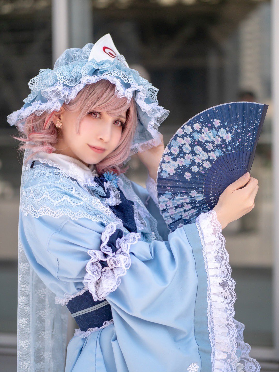 1girl, blue_headwear, blue_kimono, blurry, blurry_background, candybunny_22, closed_mouth, cosplay_photo