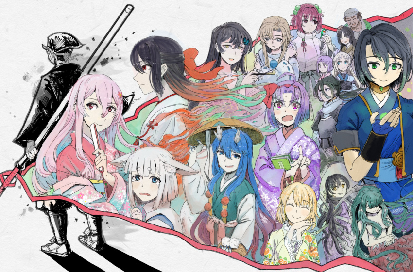 2boys, 6+girls, akagami_aoko, akou_murasaki, arthropod_girl, bird, black_hair, blonde_hair