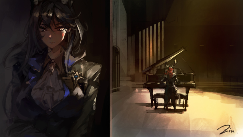 1boy, 1girl, animal_ears, antlers, arknights, ascot, black_hair, black_jacket