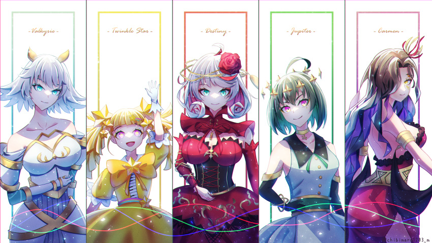 5girls, absurdres, bare_shoulders, blue_eyes, brown_hair, carmen_(takt_op.), colored_inner_hair, destiny_(takt_op.), detached_sleeves, dress, hair_ornament, highres, jupiter_(takt_op.), long_hair, looking_at_viewer, multicolored_hair, multiple_girls, short_hair, smile, takt_op., twinkle_star_(takt_op.), user_chibimaro1203, walkure_(takt_op.)