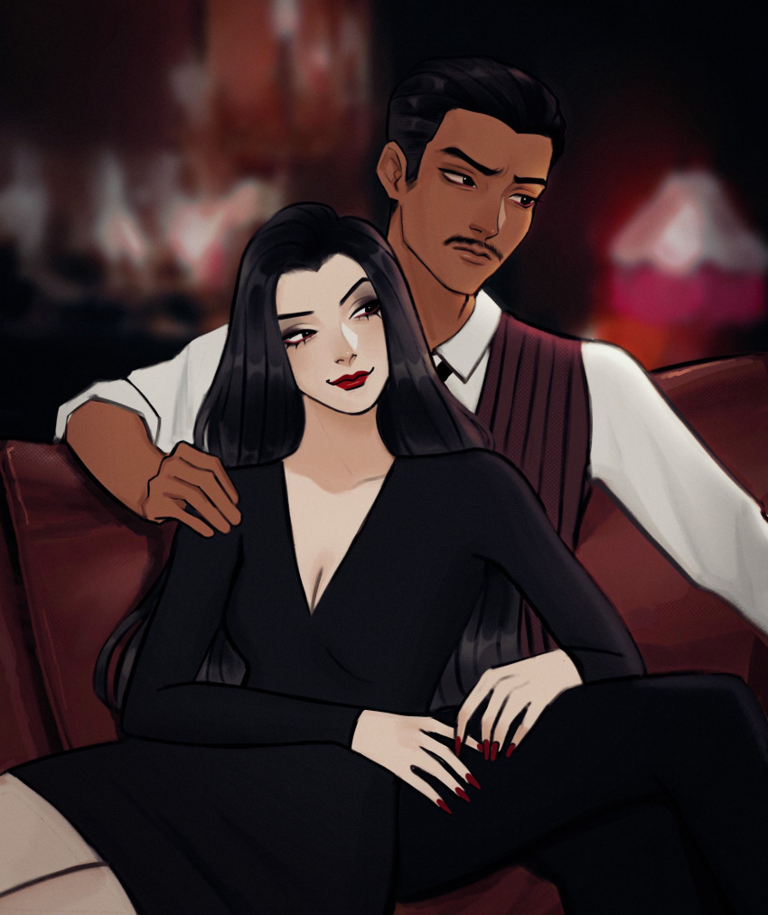 1boy, 1girl, addams_family, black_dress, black_eyeshadow, black_necktie, black_pants, blurry
