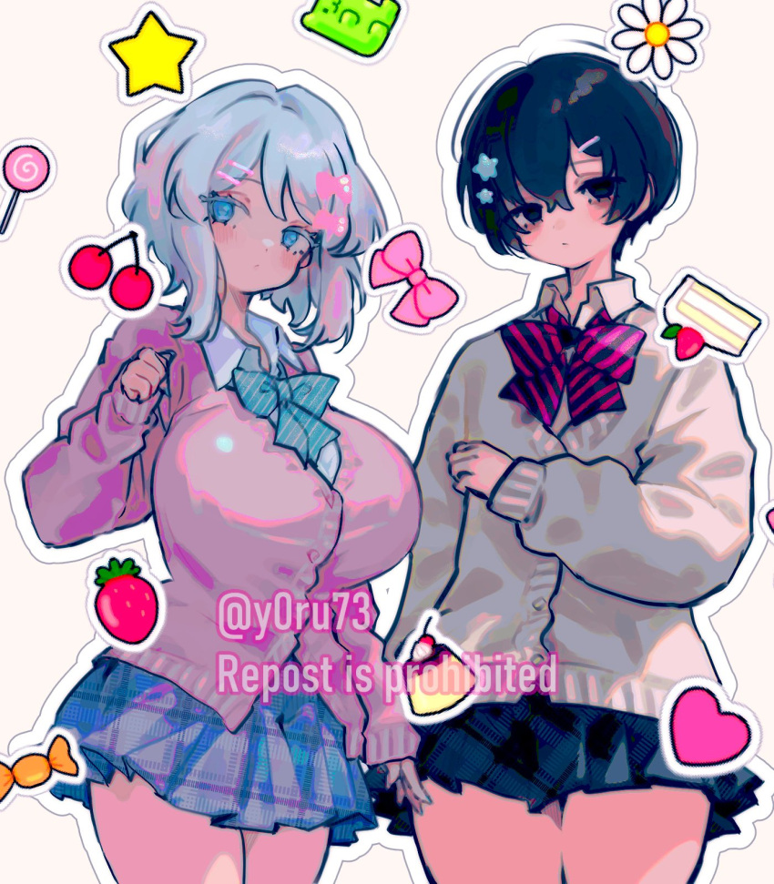 1boy, 1girl, alternate_breast_size, black_eyes, black_hair, blue_eyes, bow, bowtie