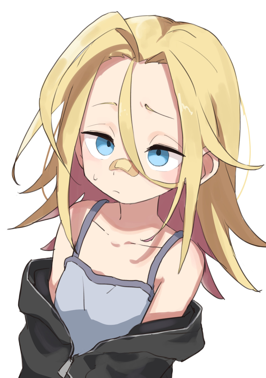 1girl, absurdres, bandaid, bandaid_on_face, bandaid_on_nose, blonde_hair, blue_eyes, collarbone