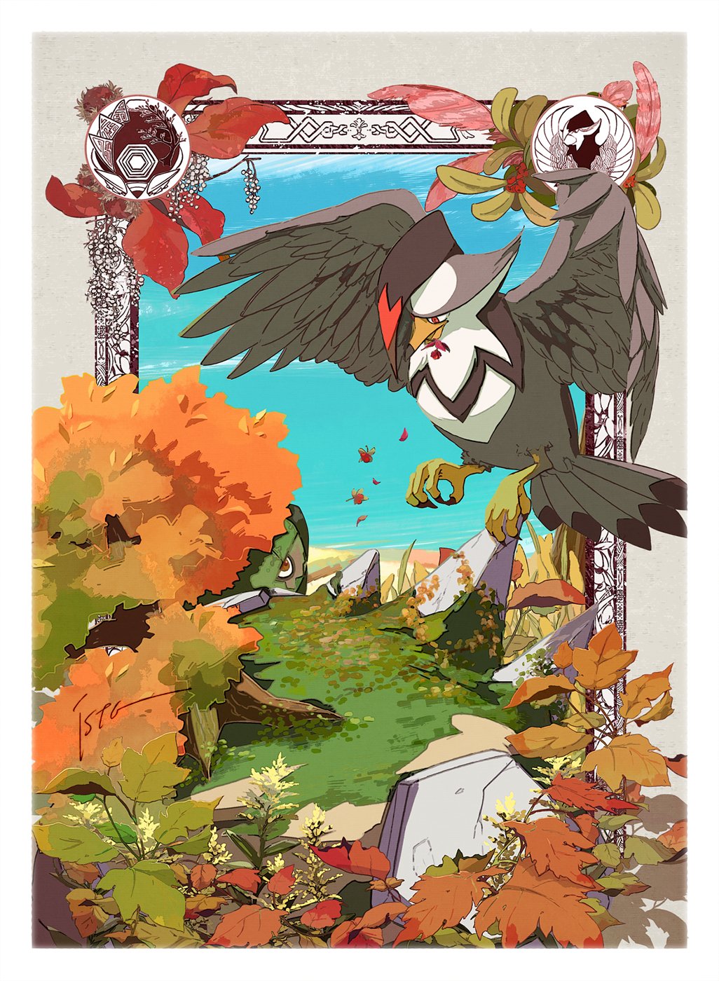 autumn_leaves, beak, bird, bird_tail, blue_sky, border, brown_feathers, commentary
