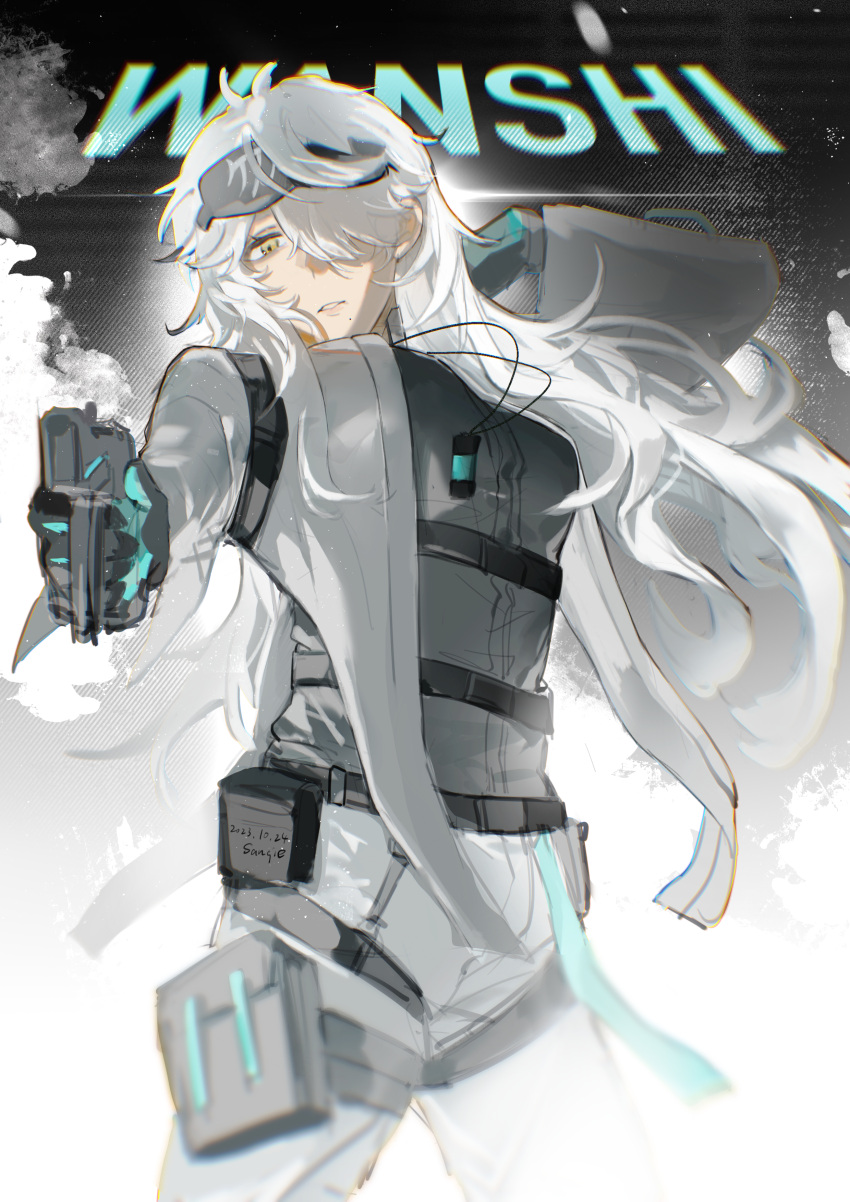 1girl, absurdres, aiming, aiming_at_viewer, arm_behind_head, arm_up, belt, belt_pouch