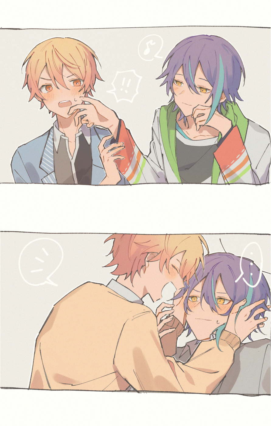 !, !!, 2boys, :|, aqua_hair, black_shirt, blazer, blue_jacket, blush, brown_cardigan, cardigan, closed_mouth, collared_shirt, commentary_request, double-parted_bangs, facing_another, from_side, green_jacket, grey_background, grey_cardigan, grey_jacket, grey_shirt, hair_between_eyes, hand_on_another's_cheek, hand_on_another's_face, hands_on_another's_head, highres, jacket, kamishiro_rui, kamiyama_high_school_uniform_(project_sekai), lapels, long_sleeves, looking_at_another, looking_at_viewer, male_focus, multicolored_clothes, multicolored_hair, multicolored_jacket, multicolored_shirt, multiple_boys, multiple_views, musical_note, notched_lapels, open_mouth, orange_eyes, orange_hair, orange_jacket, project_sekai, purple_hair, school_uniform, shirt, spoken_exclamation_mark, spoken_musical_note, spoken_notice_lines, sseri_0, streaked_hair, tenma_tsukasa, two-tone_hair, upper_body, white_shirt, yaoi