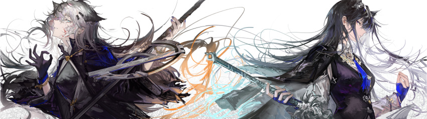2girls, absurdres, animal_ear_fluff, animal_ear_piercing, animal_ears, arknights, black_capelet, black_gloves