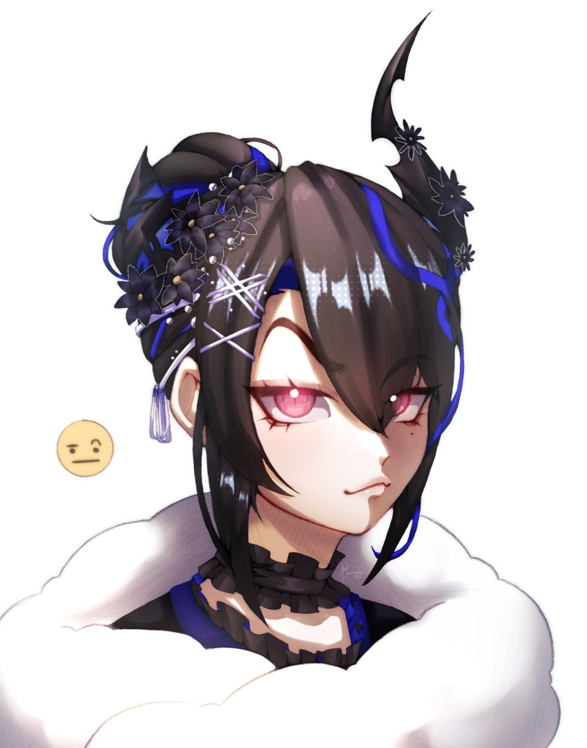 1girl, asymmetrical_horns, axel_diamondis, black_hair, blue_hair, blush, colored_inner_hair, crystal_horn