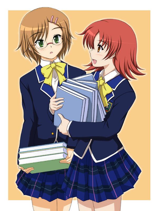 blazer, book, brown_hair, glasses, godou_tsugumi, green_eyes, hair_ornament, hairclip