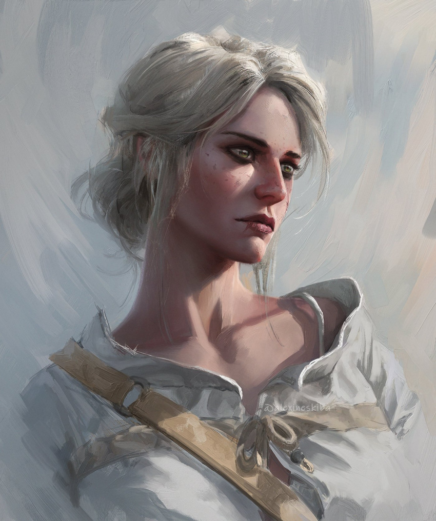 1girl, aleksandra_skiba, artist_name, belt, ciri, green_eyes, highres, looking_to_the_side