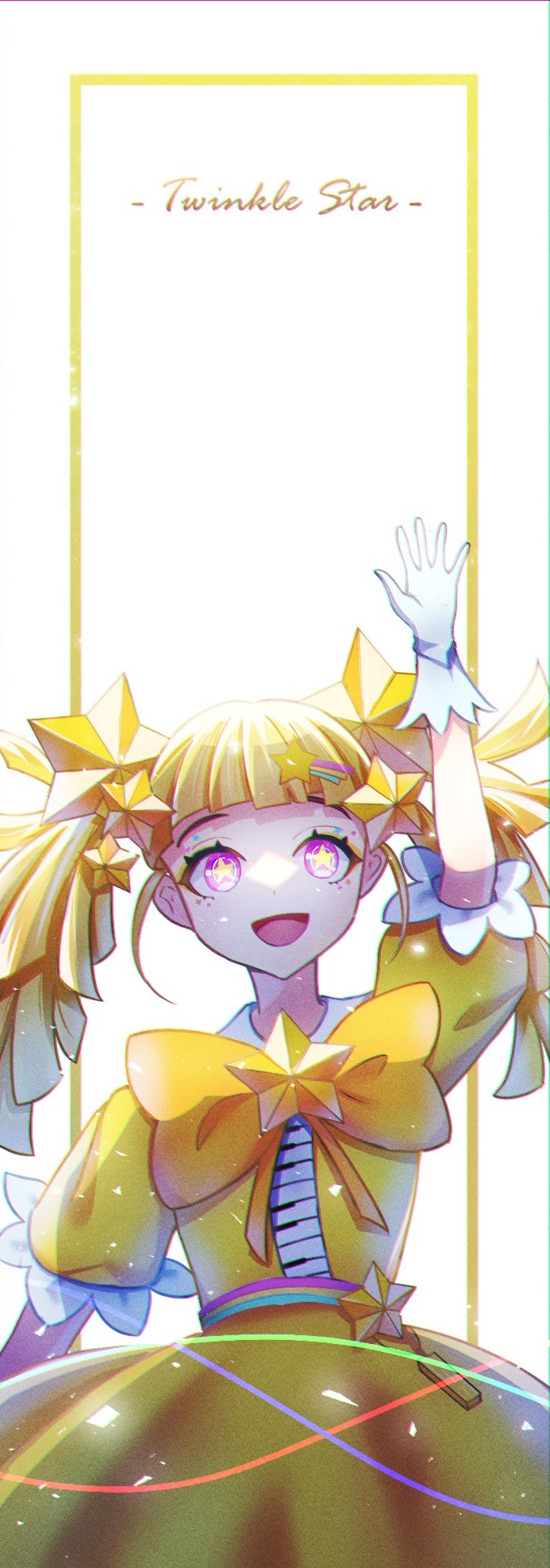 dress, gloves, hair_ornament, highres, long_hair, looking_at_viewer, puffy_short_sleeves, puffy_sleeves, shooting_star_hair_ornament, short_sleeves, smile, star-shaped_pupils, star_(symbol), star_hair_ornament, symbol-shaped_pupils, takt_op., twinkle_star_(takt_op.), twintails, user_chibimaro1203, violet_eyes, white_gloves, yellow_dress