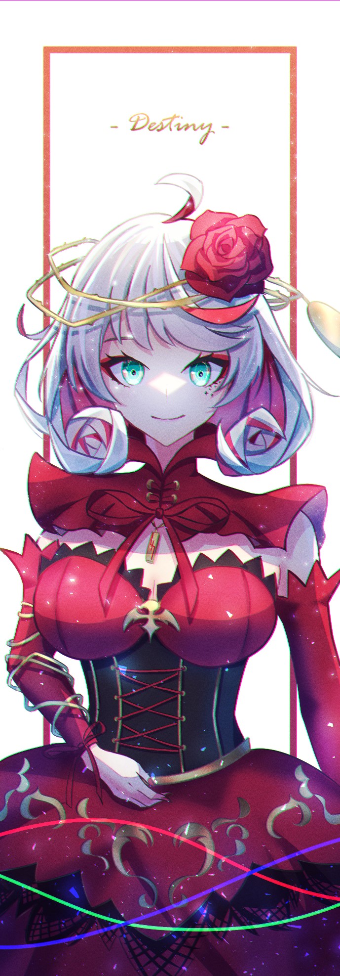 1girl, blue_eyes, colored_inner_hair, cosette_schneider, destiny_(takt_op.), detached_sleeves, dress, flower, hair_ornament, highres, looking_at_viewer, makeup, multicolored_hair, red_dress, red_flower, red_rose, redhead, rose, smile, solo, takt_op., user_chibimaro1203