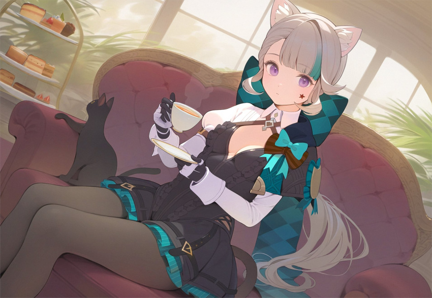 1girl, animal_ears, black_cat, black_dress, blonde_hair, blue_hair, cat, cat_ears
