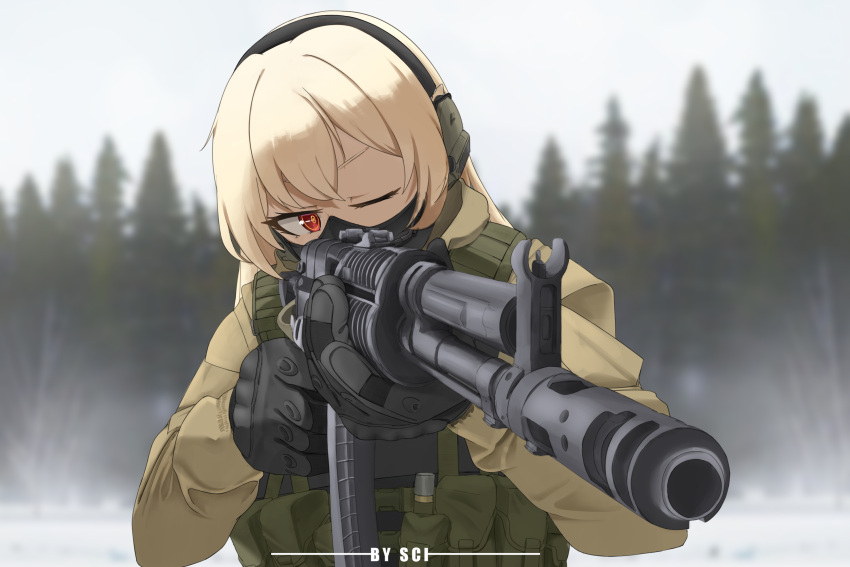 1girl, aek-971, aiming, aiming_at_viewer, assault_rifle, blonde_hair, forest, gloves, gun, headset, highres, load_bearing_vest, mask, military, military_uniform, nature, one_eye_closed, original, red_eyes, rifle, sci_(31134306), snow, tactical_clothes, uniform, weapon, winter