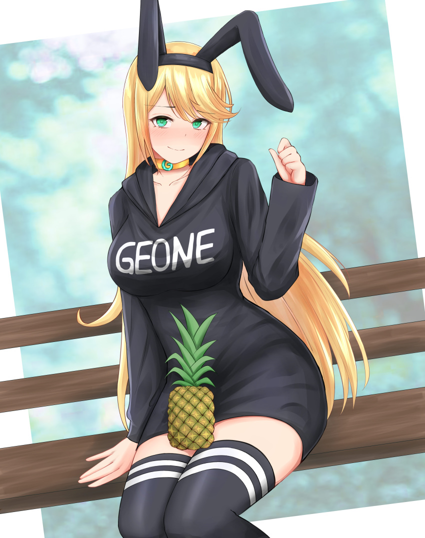 1girl, absurdres, animal_ears, bench, black_hoodie, black_thighhighs, blonde_hair, blush, choker, clothes_writing, commission, commissioner_upload, food, fruit, geone, green_eyes, hand_on_chair, highres, hood, hoodie, keiizumi, light_smile, long_hair, looking_at_viewer, pineapple, rabbit_ears, thigh-highs, vrchat