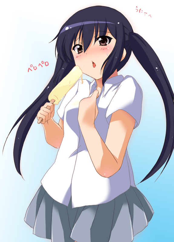 blight_sphere, blush, brown_eyes, k-on!, long_hair, nakano_azusa, popsicle, school_uniform