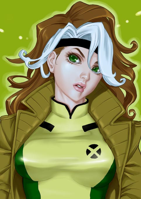 brown_hair, green_eyes, marvel, mophat, multicolored_hair, rogue_(x-men), sakakibara_mizuki, two-tone_hair