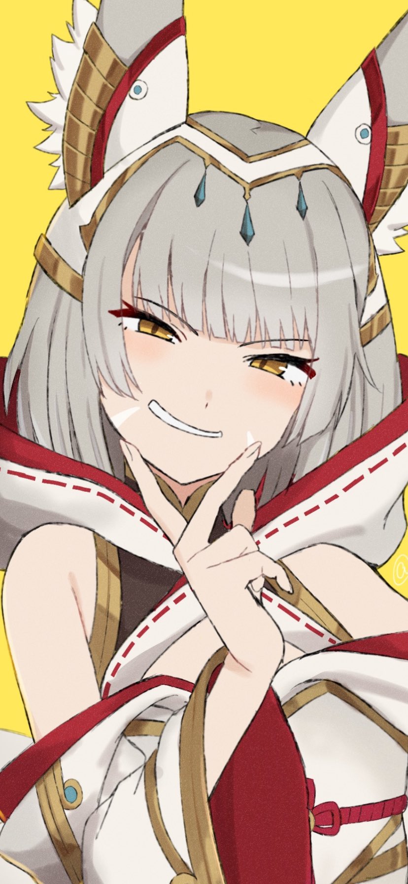 1girl, animal_ear_fluff, animal_ears, bare_shoulders, cat_ears, commentary_request, fingers_to_cheek, grey_hair