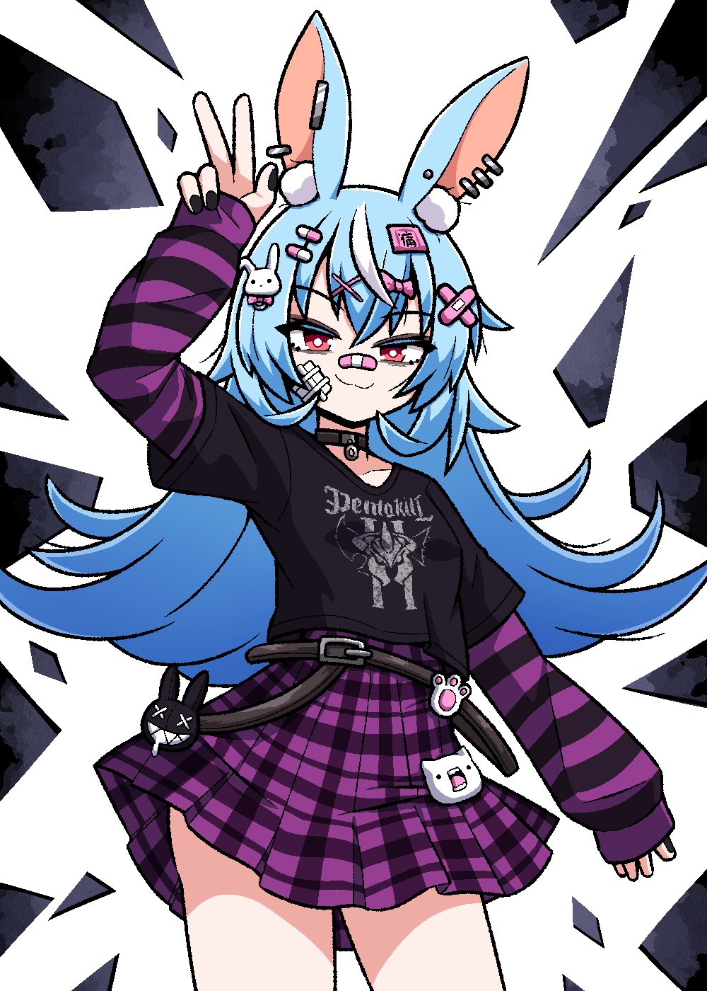1girl, animal_ear_fluff, animal_ears, arm_up, bags_under_eyes, bandage_on_knee, bandaid, bandaid_on_face