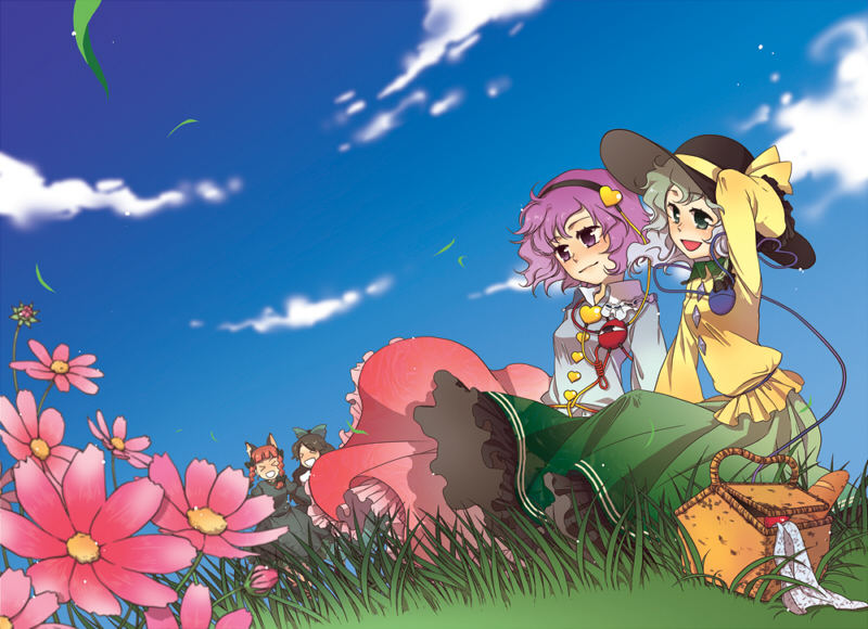 >_<, animal_ears, bad_id, black_hair, bow, braid, cat_ears, cosmos_(flower)