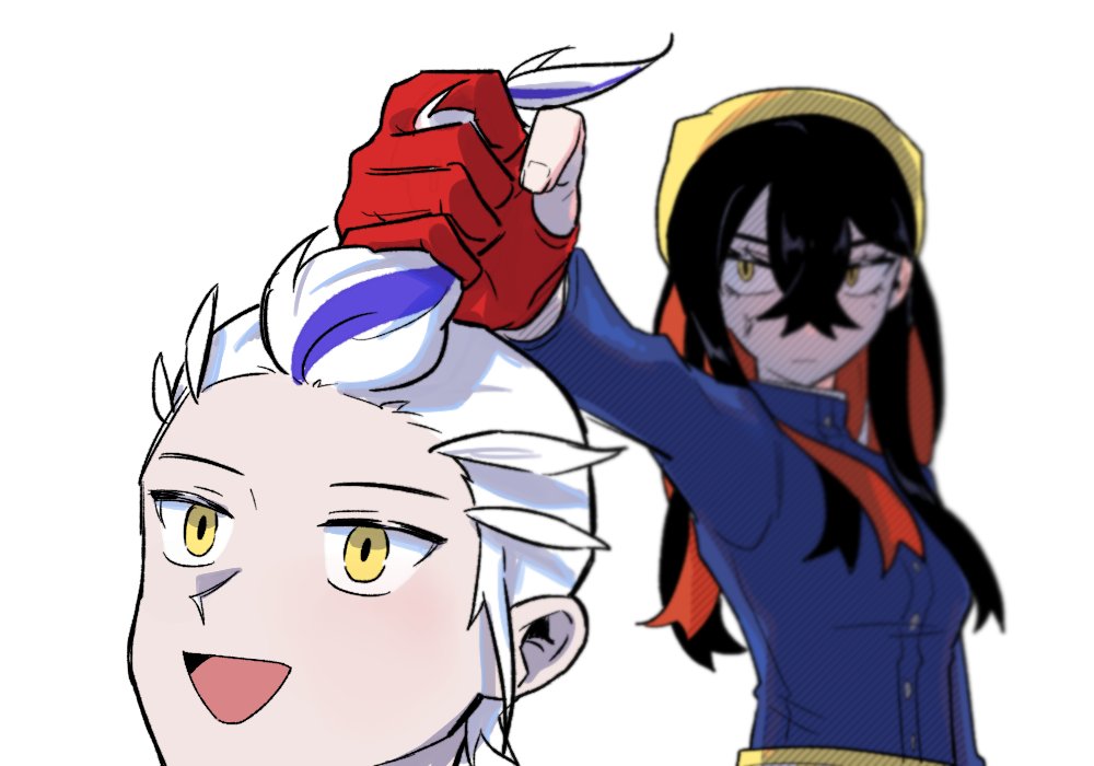 1boy, 1girl, black_hair, blue_jacket, blurry, blurry_background, buttons, carmine_(pokemon)