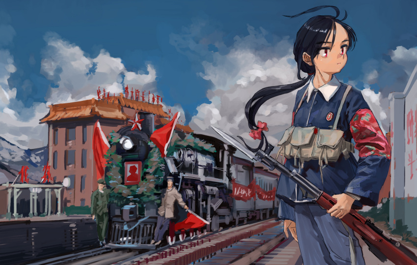 1boy, 1girl, ammunition_pouch, architecture, armband, axdg, badge, banner