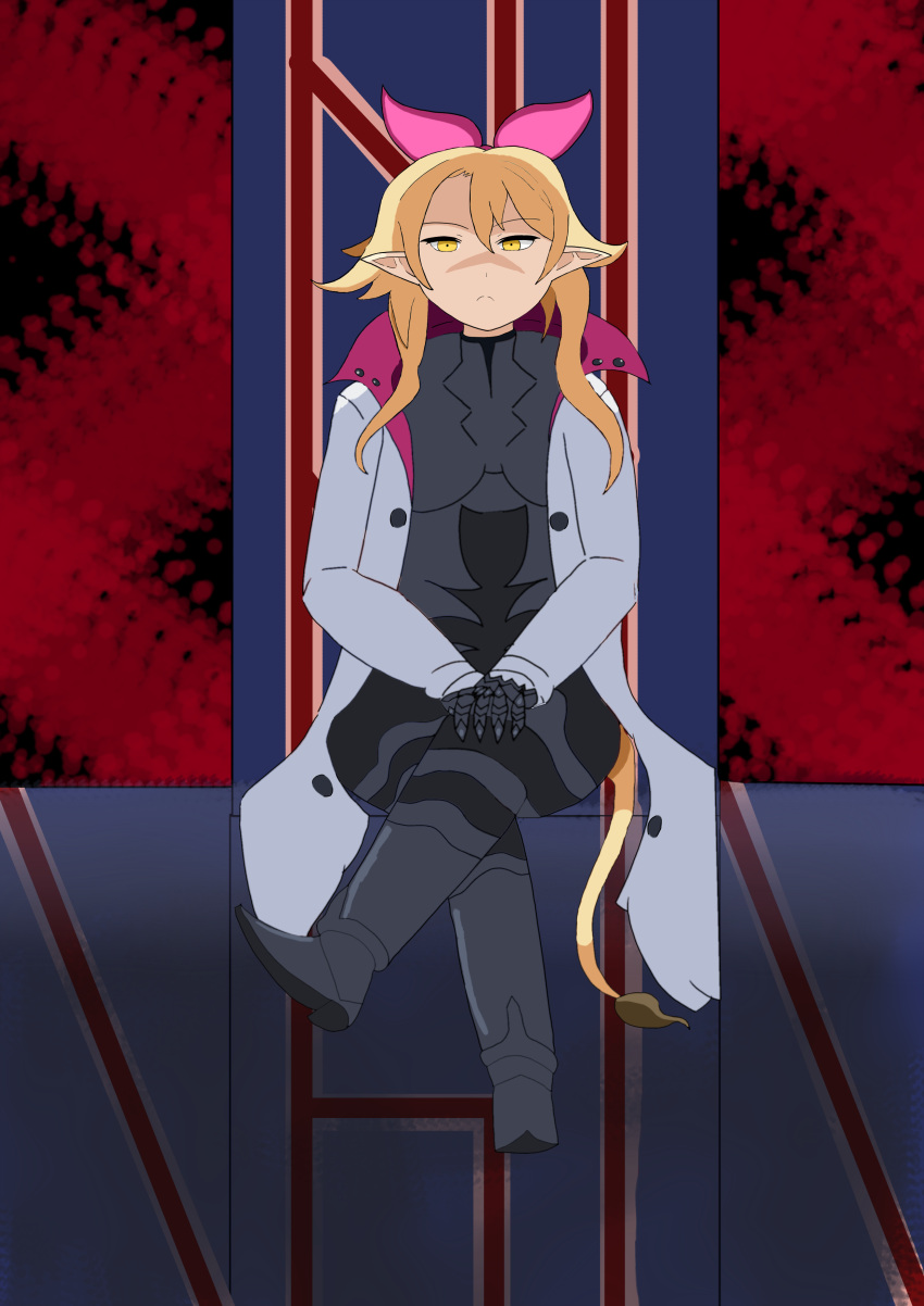 absurdres, alternate_costume, blonde_hair, bow, breasts, coat, corruption, cosplay