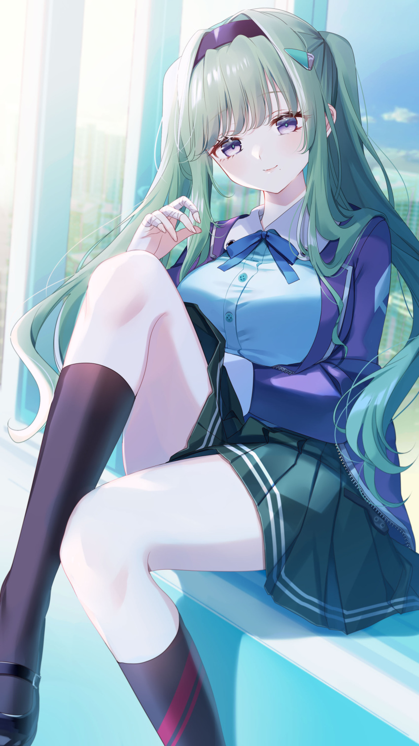 1girl, absurdres, bandaged_fingers, bandages, black_footwear, black_socks, blunt_bangs, collared_shirt