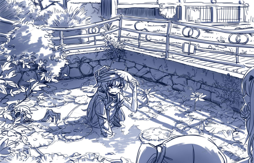 3girls, blush_stickers, branch, broken_fence, check_flower, chinese_commentary, commentary_request, epiphyllum, fence, flower, g11_(girls'_frontline), girls_frontline, greyscale, hair_ribbon, hat, headband, jacket, lily_pad, lily_pad_on_head, long_hair, long_sleeves, looking_at_another, monochrome, multiple_girls, off_shoulder, one_side_up, outdoors, partially_submerged, pond, railing, ribbon, ruins, shadow, skeleton, smile, su_xiao_jei, ump45_(girls'_frontline), ump9_(girls'_frontline), very_long_hair, water, wavy_mouth, wet, wet_clothes