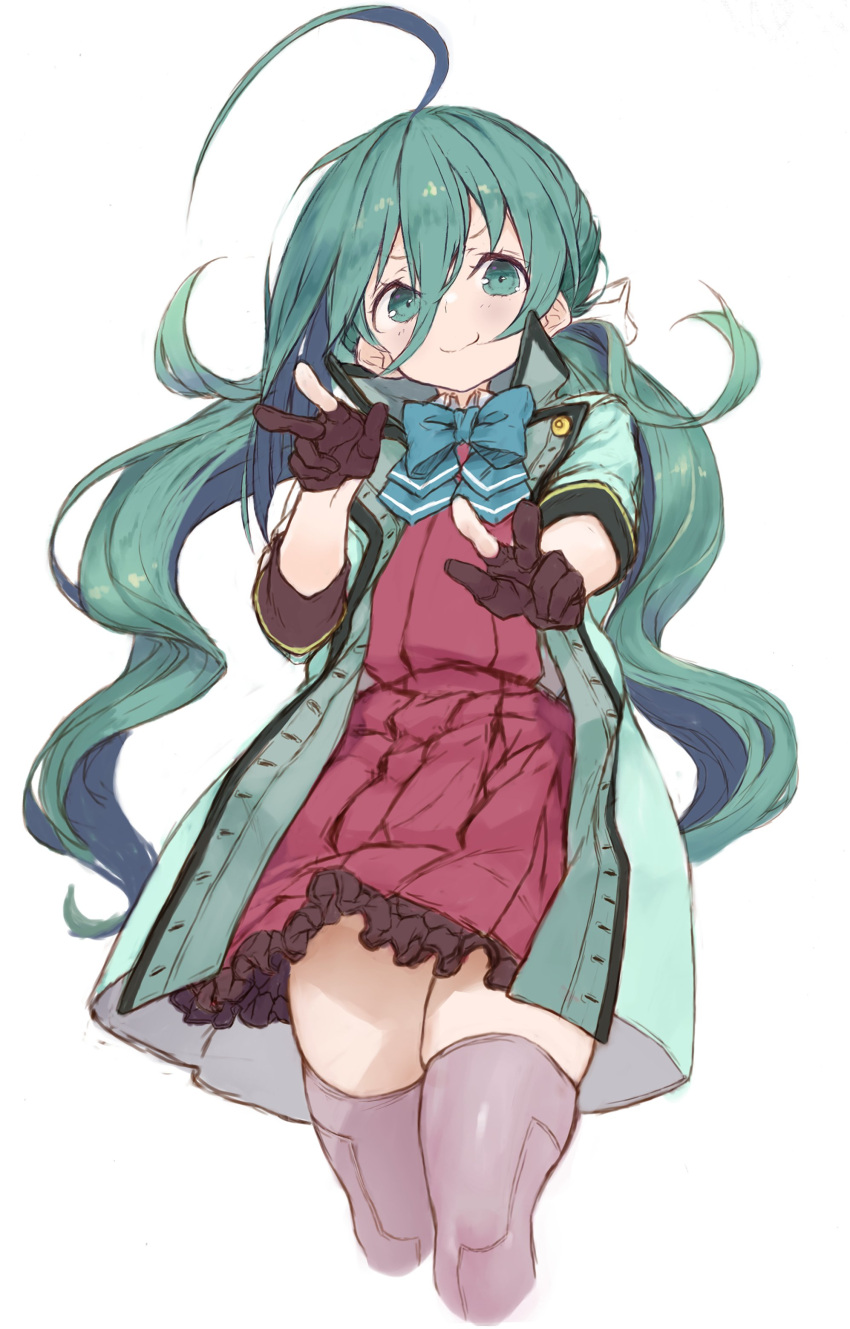 1girl, absurdres, ahoge, black_gloves, blue_bow, blue_bowtie, blue_eyes, blue_hair, bow, bowtie, cropped_legs, frills, gloves, grey_thighhighs, hair_ribbon, highres, kantai_collection, kiyoshimo_(kancolle), kiyoshimo_kai_ni_(kancolle), long_hair, looking_at_viewer, low_twintails, open_clothes, partially_fingerless_gloves, ribbon, ryo_(tg290), simple_background, smile, solo, thigh-highs, twintails, very_long_hair, w, white_background, white_ribbon