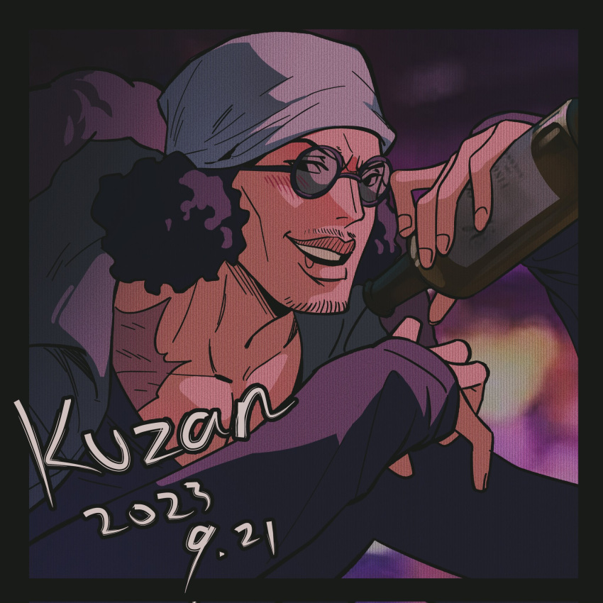 1boy, beanie, black_hair, bottle, dated, goatee_stubble, hat, highres, holding, holding_bottle, iswifi3, kuzan_(aokiji), looking_at_viewer, male_focus, mustache_stubble, one_piece, pectoral_cleavage, pectorals, scar, short_hair, solo, sunglasses, upper_body, wine_bottle