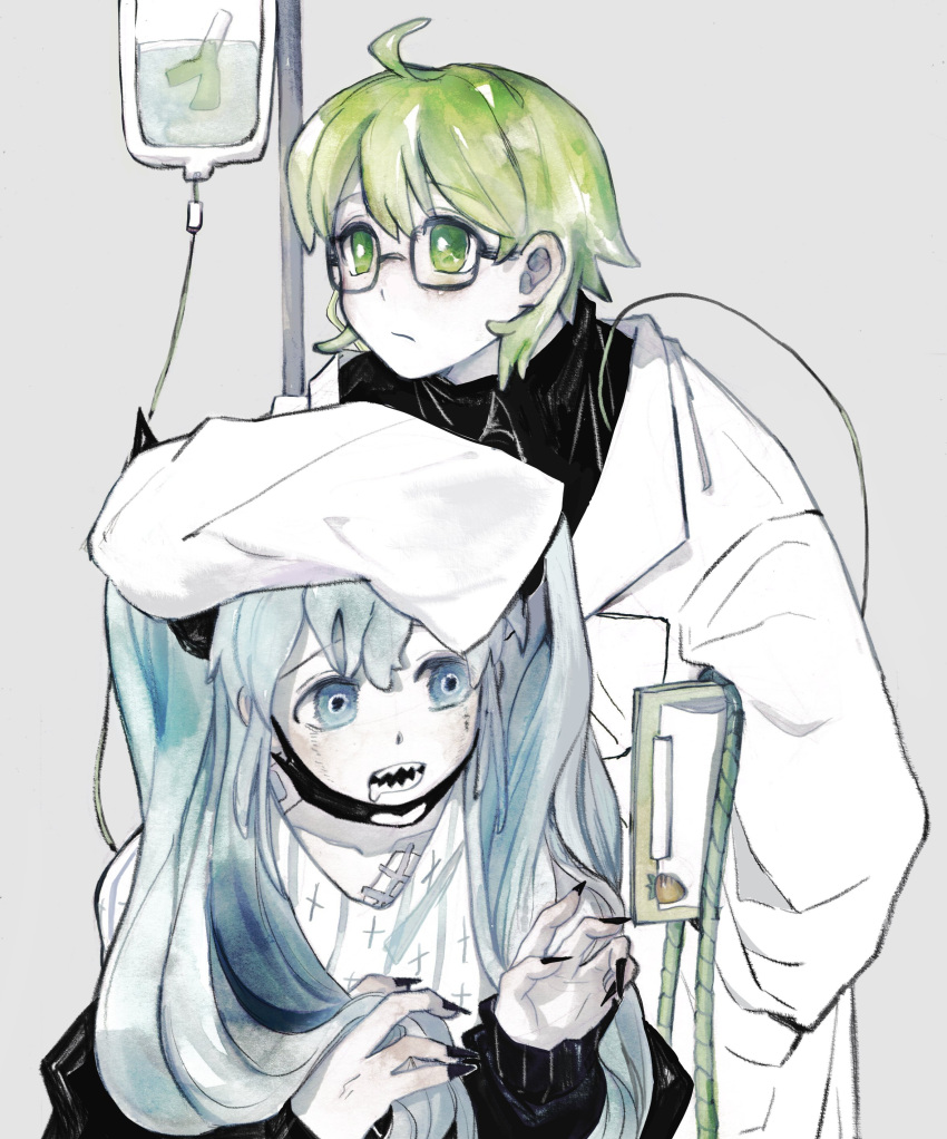 2girls, absurdres, black_nails, food, fruit, glasses, gumi, hand_on_another's_head
