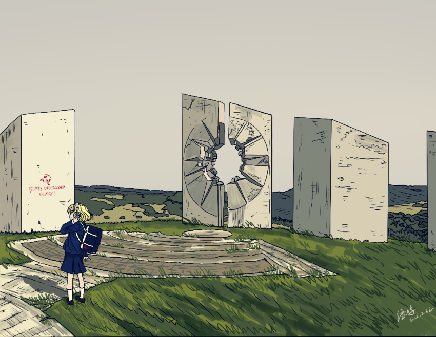 1girl, architecture, bag, black_footwear, blonde_hair, blue_jacket, blue_skirt, concrete
