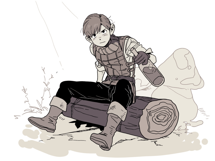 1boy, alcohol, armor, belt, blush, boots, bottle, chilchuck_tims, dungeon_meshi, frown, full_body, gloves, halfling, highres, holding, holding_bottle, kimsun_28, knee_boots, leather_armor, log, looking_at_viewer, male_focus, messy_hair, monochrome, pants, scarf, shirt, short_hair, sitting, sleeves_rolled_up, solo, sunlight
