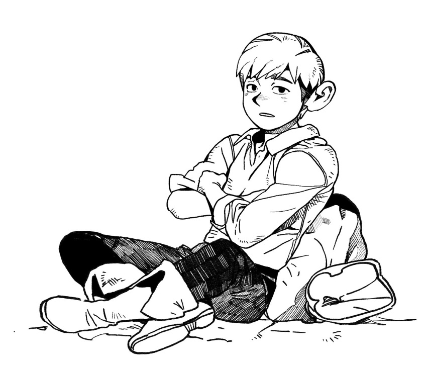 1boy, backpack, bag, boots, chilchuck_tims, collared_shirt, crossed_arms, dungeon_meshi