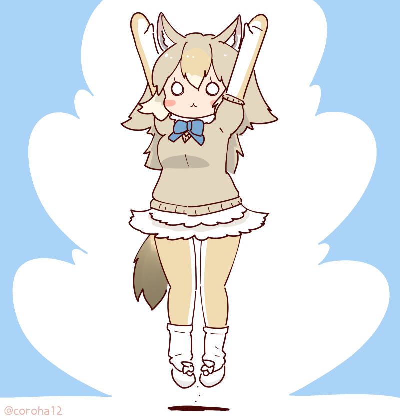 1girl, animal_ears, arms_up, blue_background, bow, bowtie, cardigan, coroha