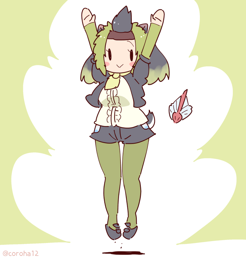 1girl, animal_ears, arms_up, black_hair, coroha, extra_ears, full_body, green_background
