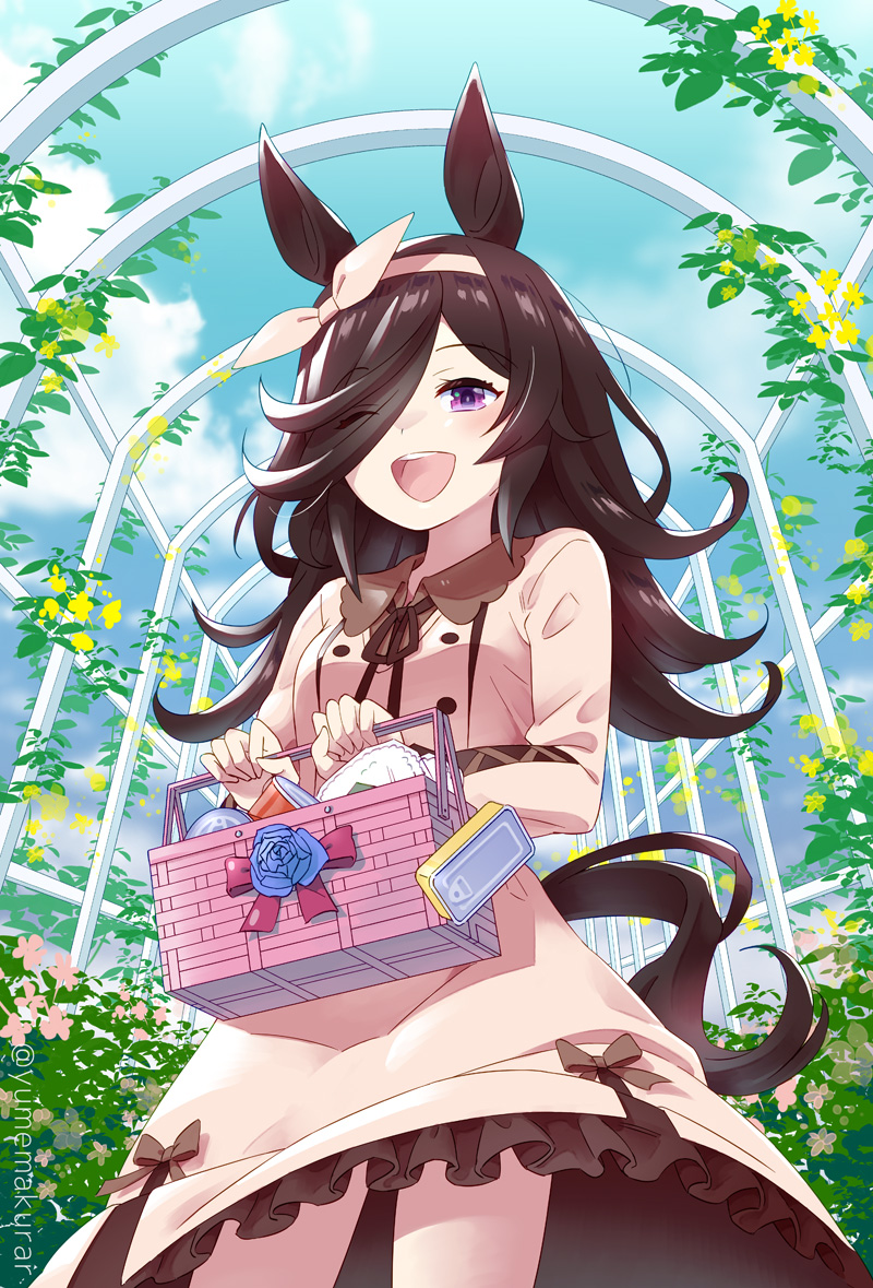 1girl, ;d, animal_ears, basket, brown_coat, casual, coat, from_below, hair_over_one_eye, hairband, holding, holding_basket, horse_ears, horse_girl, long_hair, long_sleeves, looking_at_viewer, makurabe_shouma, one_eye_closed, rice_shower_(umamusume), smile, solo, twitter_username, umamusume, violet_eyes, white_hairband