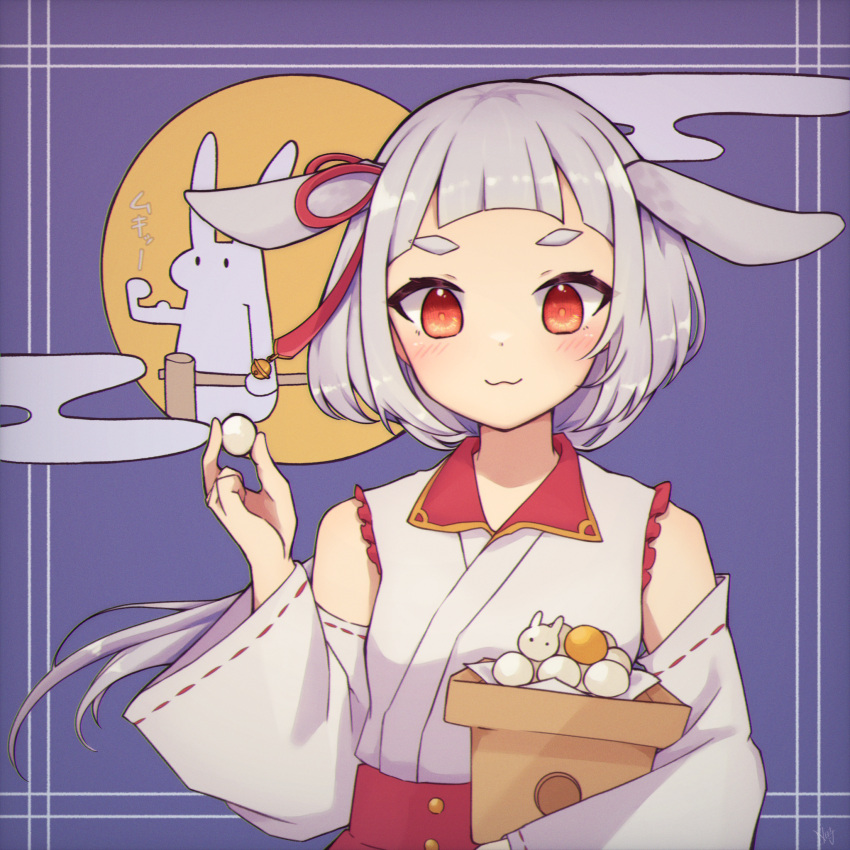 1girl, :3, animal_ears, blunt_bangs, blush, collared_shirt, dango, detached_sleeves